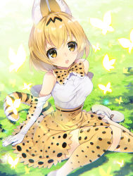Rule 34 | 10s, 1girl, animal ears, animal print, blonde hair, blush, bow, bowtie, breasts, brown bow, brown bowtie, bug, butterfly, cat ears, cat tail, day, elbow gloves, gloves, grass, high-waist skirt, highres, insect, kemono friends, medium breasts, open mouth, outdoors, rugo, serval (kemono friends), serval print, serval tail, shirt, short hair, sitting, skirt, sleeveless, sleeveless shirt, solo, tail, teeth, thighhighs, white gloves, white shirt, yellow eyes