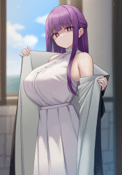 Rule 34 | 1girl, blue sky, blurry, blurry background, blush, breasts, bright pupils, cloud, dress, fern (sousou no frieren), half updo, highres, huge breasts, looking at viewer, mijikayo, outdoors, pleated dress, purple eyes, purple hair, robe, sky, sleeveless, sleeveless dress, solo, sousou no frieren, two-sided robe, undressing, white dress, white pupils