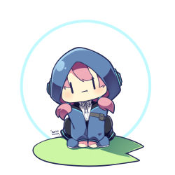 Rule 34 | :t, arknights, arm pouch, artist name, blue footwear, blue jacket, blue poison (arknights), circle, commentary, eating, frog girl, hood, hood up, hooded jacket, jacket, karilometer, lily pad, looking at viewer, low twintails, pink hair, shoes, simple background, solo, squatting, twintails, white background, | |