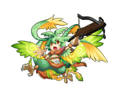 Rule 34 | 1girl, bird tail, bow (weapon), brown eyes, claws, crossbow, gradient wings, green hair, highres, holding, multicolored wings, navel, open mouth, puzzle &amp; dragons, simple background, solo, sylph (p&amp;d), tail, tomotsuka haruomi, weapon, white background, wings