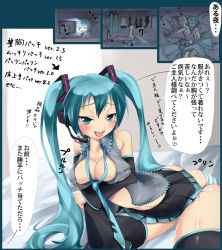 Rule 34 | 1girl, aqua eyes, aqua hair, breast hold, breasts, cleavage, detached sleeves, hatsune miku, imazon, long hair, microphone, necktie, open clothes, open shirt, panties, shirt, side-tie panties, sitting, skirt, solo, striped clothes, striped panties, thighhighs, translation request, twintails, underwear, vocaloid