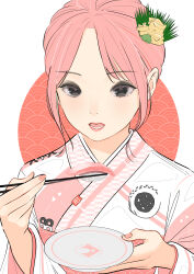 Rule 34 | 1girl, absurdres, bananafish1111, black eyes, chopsticks, commentary, flower, food, hair flower, hair ornament, highres, japanese clothes, kimono, onigiri, open mouth, original, pink hair, pink lips, pink nails, plate, short hair, solo, tuna