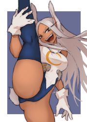 Rule 34 | 1girl, :d, animal ears, ass, bare shoulders, blue background, boku no hero academia, breasts, dark-skinned female, dark skin, framed, gloves, gluteal fold, grin, hand on own leg, heattech leotard, highleg, highleg leotard, highres, large breasts, leotard, long hair, looking at viewer, mirko, open mouth, purple thighhighs, rabbit ears, rabbit girl, red eyes, simple background, sleeveless, sleeveless turtleneck, sleeveless turtleneck leotard, smile, solo, split, standing, standing on one leg, standing split, superhero costume, thighhighs, thighs, turtleneck, white gloves, white hair