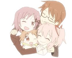 Rule 34 | 10s, 2boys, 2girls, amaiwashi, blush, bow, brother and sister, brown hair, closed eyes, family, father and daughter, father and son, glasses, group hug, hair bow, hair ornament, hairclip, hug, kaname junko, kaname madoka, kaname tatsuya, kaname tomohisa, lowres, mahou shoujo madoka magica, mahou shoujo madoka magica (anime), mother and daughter, mother and son, multiple boys, multiple girls, one eye closed, open mouth, pink eyes, pink hair, red eyes, school uniform, short hair, siblings, simple background, smile, twintails, white background, wink