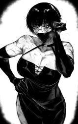 Rule 34 | absurdres, black dress, breasts, burn scar, dress, glasses, greyscale, highres, jujutsu kaisen, mask, masoq, monochrome, mouth mask, muscular, muscular female, round eyewear, scar, scar on arm, scar on face, simple background, too many, too many scars, zen&#039;in maki
