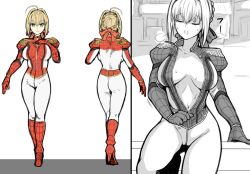 Rule 34 | 1girl, ahoge, ass, back, blonde hair, bodysuit, boots, braid, braided bun, breasts, breath, cameltoe, commentary, concept art, cosplay, fate/extra, fate/grand order, fate (series), french braid, from behind, gloves, gold trim, green eyes, hair bun, hair intakes, hair ribbon, high heels, highres, juliet sleeves, large breasts, legs together, long sleeves, marvel, nero claudius (fate), nero claudius (fate) (all), nero claudius (fate/extra), nmkranker, pants, parody, puffy sleeves, red footwear, red gloves, red ribbon, ribbon, short hair, sigh, simple background, single hair bun, solo, spider-man, spider-man (cosplay), spider-man (series), standing, sweat, tight clothes, tight pants, translated, unzipped, unzipping, white background, zipper, zipper pull tab