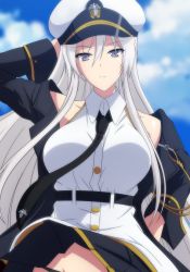 Rule 34 | 1girl, absurdres, arm behind head, arm up, azur lane, bare shoulders, belt, black belt, black coat, black necktie, black panties, black skirt, blue sky, breasts, closed mouth, cloud, coat, collarbone, collared shirt, commentary request, cowboy shot, day, enterprise (azur lane), gold trim, grey eyes, grey hair, groin, hair between eyes, hat, highres, large breasts, long hair, looking at viewer, makiri akira, md5 mismatch, military hat, miniskirt, necktie, off shoulder, open clothes, open coat, panties, pantyshot, partial commentary, peaked cap, pleated skirt, resolution mismatch, shirt, sidelocks, skirt, sky, sleeveless, sleeveless shirt, solo, source smaller, standing, underbust, underwear, upskirt, very long hair, white hat, white shirt