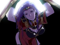 Rule 34 | 1girl, aduti momoyama, arms up, breasts, cape, cape lift, circlet, cleavage, dress, earrings, fire emblem, fire emblem echoes: shadows of valentia, gloves, highres, jewelry, large breasts, leaning forward, long hair, looking at viewer, mature female, nintendo, pelvic curtain, purple eyes, purple hair, red dress, shade, side slit, simple background, smile, solo, sonya (fire emblem gaiden), thighhighs, thighs