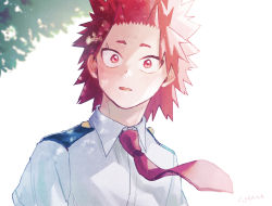 Rule 34 | 1boy, adcalcium, blush, boku no hero academia, collared shirt, commentary request, kirishima eijirou, looking at viewer, male focus, necktie, open mouth, red eyes, red hair, red necktie, school uniform, shirt, short hair, solo, spiked hair, u.a. school uniform, white background, white shirt