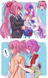 Rule 34 | 2girls, absurdres, blue necktie, bouquet, braid, breasts, bridal veil, dress, female focus, flower, formal, heaven burns red, highres, holding, holding bouquet, japanese clothes, kura satomi, large breasts, lidce, long hair, multiple girls, necktie, pink hair, ponytail, purple hair, red eyes, red ribbon, ribbon, scar, scar on back, suit, tsukishiro monaka, veil, very long hair, wedding dress, white dress, wife and wife, yuri