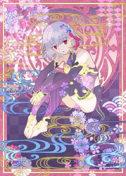 Rule 34 | 1girl, :o, absurdres, armlet, barefoot, chestnut mouth, collar, detached sleeves, dress, earrings, empty eyes, fate/grand order, fate (series), flower, hair ribbon, highres, jewelry, kama (fate), kama (first ascension) (fate), looking at viewer, lotus, metal collar, mosucchi, open mouth, pelvic curtain, pink ribbon, purple dress, purple skirt, purple sleeves, purple thighhighs, red eyes, ribbon, ring, short hair, skirt, solo, thighhighs, thighlet, white hair