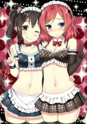 Rule 34 | 10s, 2girls, 3:, :q, animal ears, apron, arm around waist, arm garter, black hair, black legwear, blush, bow, breasts, brown eyes, cat ears, cat tail, choker, cleavage, collarbone, detached collar, elbow gloves, gloves, hug, licking lips, long hair, looking at viewer, love live!, love live! school idol project, maid, maid apron, maid headdress, medium breasts, microskirt, midriff, miniskirt, multiple girls, navel, nishikino maki, one eye closed, purple eyes, red hair, skirt, sky-freedom, small breasts, smile, sparkle, stomach, tail, tail bow, tail ornament, thighhighs, tongue, tongue out, v, waist apron, wristband, yazawa nico, zettai ryouiki