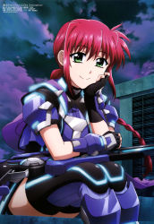 Rule 34 | 1girl, absurdres, amitie florian, black thighhighs, braid, braided ponytail, cloud, fingerless gloves, gauntlets, gloves, glowing, green eyes, head in hand, head rest, highres, long hair, looking at viewer, lyrical nanoha, mahou shoujo lyrical nanoha detonation, megami magazine, night, official art, red hair, scan, short sleeves, sidelocks, single braid, sitting, sky, smile, solo, thighhighs