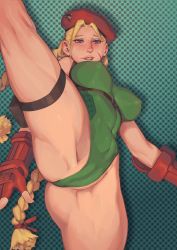 Rule 34 | 1girl, absurdres, ass, bare legs, belt, blonde hair, blue eyes, blush, braid, breasts, cameltoe, cammy white, capcom, cleft of venus, covered erect nipples, covered navel, facial scar, fingerless gloves, garrison cap, gloves, green leotard, hat, highleg, highleg leotard, highres, large breasts, leg up, leotard, lips, long hair, looking at viewer, nidhoggn, nose blush, parted lips, red gloves, red hat, scar, scar on cheek, scar on face, skindentation, solo, split, spread legs, standing, standing on one leg, standing split, street fighter, thigh strap, thong leotard, twin braids, underbust, very long hair