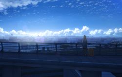 Rule 34 | 1girl, anyotete, backlighting, blue sky, bridge, building, city, cityscape, cloud, cloudy sky, commentary request, day, facing away, from behind, highres, hood, hood down, hooded jacket, jacket, lens flare, long hair, luggage, original, outdoors, railing, scenery, shoes, shorts, sky, skyline, solo, standing, sun, sunlight, wide shot