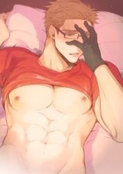 Rule 34 | 1boy, abs, blush, brown hair, clothes lift, glasses, gloves, hand on own face, julius will kresnik, kamiya (mennu), male focus, muscular, nipples, on bed, pillow, shirt lift, single glove, solo, tales of (series), tales of xillia, tales of xillia 2