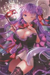Rule 34 | 10s, 1girl, absurdres, bb (fate), bb (fate/extra), black dress, black panties, black thighhighs, bow, bowtie, breasts, chandelier, cleavage, dress, fate/extra, fate/extra ccc, fate/grand order, fate (series), feather hair ornament, feathers, finger to mouth, fingernails, flower, hair bow, hair flower, hair ornament, head tilt, heart, heart necklace, highres, holding, huge filesize, jewelry, lace, lace-trimmed legwear, lace-up thighhighs, lace trim, large breasts, lips, long hair, long sleeves, looking at viewer, mask, unworn mask, masquerade mask, nail polish, necklace, one eye closed, panties, pantyshot, petals, pleated skirt, purple eyes, purple hair, red bow, red bowtie, scan, shibi, skirt, smile, solo, sparkle, standing, thighhighs, underwear, very long hair, wide sleeves