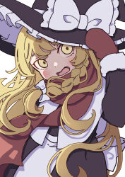 Rule 34 | 1girl, absurdres, black hat, black skirt, black vest, blonde hair, blush, bow, braid, hat, hat bow, highres, kame (kamepan44231), kirisame marisa, long hair, long sleeves, mittens, one-hour drawing challenge, open mouth, red mittens, red scarf, scarf, simple background, single braid, skirt, solo, touhou, vest, white background, white bow, witch hat, yellow eyes