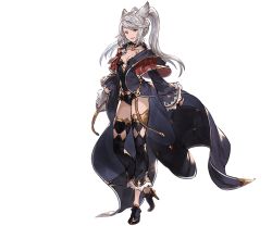 Rule 34 | 1girl, animal ears, black footwear, black leotard, braid, braided bangs, breasts, brown eyes, capelet, cleavage, detached sleeves, erune, fraux, full body, granblue fantasy, halterneck, high heels, leotard, long coat, long hair, looking at viewer, minaba hideo, official art, open mouth, silver hair, small breasts, smile, solo, standing, thighhighs, transparent background, twintails, wide sleeves