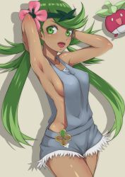 Rule 34 | 1girl, :d, apron, armpits, arms up, bounsweet, breasts, collarbone, covered erect nipples, creatures (company), crossed legs, dark-skinned female, dark skin, female focus, flower, game freak, gen 7 pokemon, green eyes, green hair, groin, hair flower, hair ornament, long hair, looking at viewer, mallow (pokemon), matching hair/eyes, medium breasts, naked apron, naked overalls, nikane (dillenid), nintendo, no bra, no panties, open mouth, overalls, pokemon, pokemon (anime), pokemon (creature), pokemon sm, pokemon sm (anime), shiny skin, sideboob, silhouette, smile, solo focus, standing, trial captain, twintails, very long hair