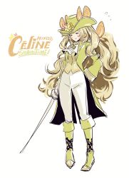 Rule 34 | 1girl, adapted costume, alternate costume, ascot, blonde hair, boots, celine (fire emblem), closed eyes, closed mouth, commentary, commentary request, cosplay, english commentary, english text, epee, fire emblem, fire emblem engage, full body, green hat, hat, highres, holding, holding sword, holding weapon, long hair, mario (series), mixed-language commentary, nintendo, pants, princess peach, princess peach: showtime!, princess peach (cosplay), simple background, smile, solo, sword, swordfighter peach, umi ( oneinchswing), very long hair, weapon, white background, white pants