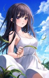 Rule 34 | 1girl, absurdres, bare shoulders, black hair, breasts, cleavage, cloud, dress, grass, hair ornament, hairclip, highres, holding, huge filesize, large breasts, long hair, looking at viewer, myowa, original, outdoors, purple eyes, sky, sleeveless, sleeveless dress, solo, white dress