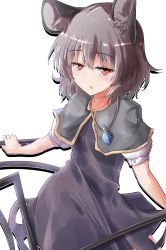 Rule 34 | 1girl, animal ear fluff, animal ears, capelet, dowsing rod, dress, grey dress, grey hair, half-closed eyes, highres, jewelry, mouse ears, mouse tail, nazrin, necklace, oshiaki, parted lips, pendant, red eyes, short sleeves, simple background, solo, tail, touhou, white background