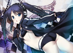 Rule 34 | 10s, 1girl, 47agdragon, ass, belt, bikini, bikini top only, black bikini, black gloves, black hair, black rock shooter, black rock shooter (character), blue eyes, blush, chain, checkered background, coat, front-tie top, gloves, glowing, glowing eyes, headphones, long hair, navel, open mouth, scar, short shorts, shorts, solo, star (symbol), swimsuit, twintails, vocaloid