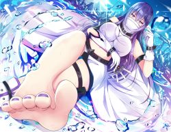 Rule 34 | 1girl, barefoot, belt, blush, breasts, commentary request, dress, feet, foot focus, gloves, highres, large breasts, legs, long hair, looking at viewer, nail polish, original, otono fei, purple eyes, purple hair, shoes, single shoe, soles, solo, toenail polish, toenails, toes, white dress, white gloves