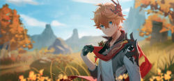 Rule 34 | 1boy, black gloves, blue eyes, blurry, blurry background, closed mouth, cloud, commentary request, day, earrings, genshin impact, gloves, hair between eyes, highres, jacket, jewelry, looking at viewer, male focus, mask, mask on head, meadow, mountain, omegu, orange hair, outdoors, pillar, red mask, red scarf, scarf, single earring, sky, solo, tartaglia (genshin impact), tree, upper body