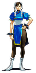 Rule 34 | boots, bracelet, brown eyes, brown hair, bun cover, capcom, china dress, chinese clothes, chun-li, double bun, dress, jewelry, pantyhose, short hair, spiked bracelet, spikes, street fighter