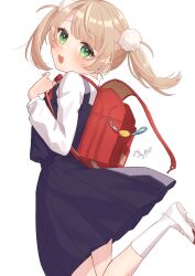 Rule 34 | 1girl, aged down, backpack, bag, blonde hair, blue skirt, blue vest, blush, crime prevention buzzer, cropped legs, dot nose, feet out of frame, green eyes, hair ornament, highres, indie virtual youtuber, leg up, long sleeves, looking at viewer, looking back, mitora nao, open mouth, parted bangs, pleated skirt, pom pom (clothes), pom pom hair ornament, randoseru, red bag, school bag, school uniform, shigure ui (vtuber), shigure ui (vtuber) (young), shirt, shoes, skirt, smile, socks, twintails, uwabaki, vest, virtual youtuber, white footwear, white shirt, white socks