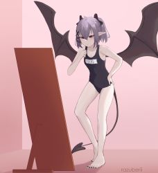 Rule 34 | 1girl, absurdres, arms at sides, black nails, black toenails, commission, demon girl, demon tail, female focus, full body, hair ornament, hairclip, highres, legs, looking at mirror, looking at viewer, mirror, nail polish, original, pointy ears, purple hair, red eyes, ribbon, rika roseingrave, school swimsuit, solo, swimsuit, tail, thinking, wings
