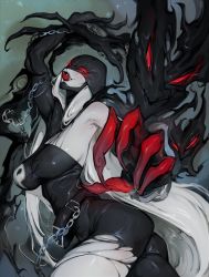 Rule 34 | 1girl, arm up, ass, belt, black belt, black dress, breasts, chain, claws, colored sclera, colored skin, covered eyes, digimon, digimon (creature), dress, fangs, from side, gradient background, highres, ladydevimon, large breasts, long hair, looking at viewer, mask, red eyes, red sclera, red skin, shiny skin, solo, tongue, tongue out, torn clothes, venusflower, very long hair, wings