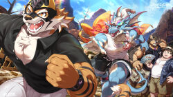 Rule 34 | 4boys, abs, animal ears, bara, belly, blue sky, claws, clenched hand, cloud, cloudy sky, commentary request, dog boy, dog ears, dragon boy, eyewear on head, fat, fat man, fins, fish tail, folding fan, furry, furry male, glasses, hand fan, hand on own hip, hat, highres, holding, holding fan, hydoor (live a hero), jewelry, live a hero, looking at another, male focus, multiple boys, muscular, muscular male, necklace, paripoi (dragoooon1223), pectoral cleavage, pectorals, pubraseer (live a hero), ryekie (live a hero), sky, straw hat, subaru (live a hero), sweatdrop, tail, tiger boy, tiger ears, tiger tail, translation request