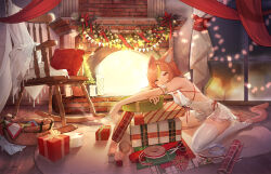 Rule 34 | 1girl, animal ear fluff, animal ears, animal feet, blonde hair, box, candle, carpet, cat ears, cat tail, chair, christmas, dress, fireplace, from side, full body, gift, gift box, highres, indoors, lingxia, looking at viewer, looking to the side, medium hair, multicolored hair, orange hair, original, red eyes, rocking chair, scissors, single thighhigh, solo, stirrup legwear, streaked hair, tail, thighhighs, thread, toeless legwear, white dress, wooden floor