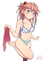 Rule 34 | 1girl, ass, bare legs, bare shoulders, barefoot, blue eyes, blush, bra, breasts, curvy, evangelion: 2.0 you can (not) advance, highres, horishin1986, huge ass, long hair, medium breasts, navel, neon genesis evangelion, orange hair, panties, rebuild of evangelion, solo, souryuu asuka langley, standing, standing on one leg, striped clothes, striped panties, thick thighs, thighs, toes, underwear, underwear only, undressing, unworn thighhighs, very long hair, white background, wide hips