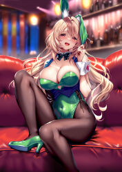 Rule 34 | 1girl, amakano 2, animal ears, blonde hair, blurry, blurry background, breasts, buttons, cleavage, commentary request, couch, covered navel, detached collar, fake animal ears, green leotard, hair ornament, hand up, high heels, knee up, large breasts, leotard, long hair, open mouth, pantyhose, piromizu, pulling own clothes, rabbit ears, red eyes, shiny clothes, simple background, sitting, skin tight, smile, solo, strapless, strapless leotard, teeth, tsutamachi chitose, upper teeth only, wrist cuffs