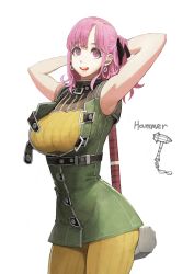 Rule 34 | 1girl, :d, armpits, bare shoulders, breasts, casual, commentary request, earrings, hair ribbon, hammer, hammer (navigavi), highres, jewelry, jun (navigavi), large breasts, medium hair, open mouth, original, pink eyes, pink hair, ribbon, sleeveless, smile, solo, teeth, upper teeth only, war hammer, weapon, white background