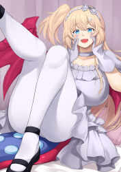 Rule 34 | 1girl, absurdres, black footwear, blonde hair, blue eyes, breasts, choker, dragon girl, dragon tail, dragon wings, dress, frilled dress, frills, gloves, hands on own face, highres, hime hajime, hime hajime (2nd costume), large breasts, looking at viewer, one side up, open mouth, pantyhose, power symbol hair ornament, smile, solo, tail, virtual youtuber, vshojo, white choker, white dress, white gloves, white pantyhose, wings, yomitrooper