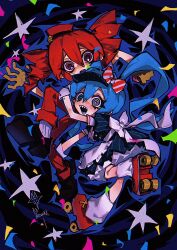 Rule 34 | 2girls, @ @, abstract background, absurdres, aji (groongloon), black footwear, blue dress, blue eyes, blue hair, bow, breasts, confetti, dress, drill hair, hair bow, hatsune miku, highres, kasane teto, long hair, looking at viewer, medium breasts, mesmerizer (vocaloid), multiple girls, open mouth, pants, pink eyes, pinstripe dress, pinstripe hat, pinstripe pattern, puffy short sleeves, puffy sleeves, red hair, red pants, roller skates, scared, sharp teeth, shoes, short sleeves, skates, smile, sparkle, striped bow, sweat, teeth, twin drills, twintails, utau, visor cap, vocaloid, waitress, white leg warmers, wrist cuffs