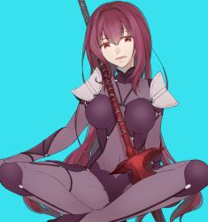 Rule 34 | 1girl, armor, blush, bodysuit, breasts, fate/grand order, fate (series), indian style, kan&#039;yu (citron 82), lance, long hair, looking at viewer, open mouth, polearm, purple bodysuit, purple hair, red eyes, scathach (fate), sitting, smile, solo, weapon