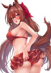 Rule 34 | 1girl, animal ears, ass, bare shoulders, bikini, blush, breasts, brown hair, daiwa scarlet (trifle vacation) (umamusume), daiwa scarlet (umamusume), hair intakes, horse ears, horse girl, horse tail, large breasts, long hair, looking at viewer, marisasu (marisa0904), miniskirt, official alternate costume, open mouth, red bikini, red eyes, simple background, skirt, sky, solo, swimsuit, tail, thighs, twintails, umamusume, very long hair, white background
