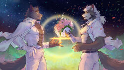 Rule 34 | 2boys, abs, artist request, bara, beard, black sclera, bouquet, colored sclera, couple, eye contact, facial hair, feet out of frame, flower, formal, from side, gloves, glowing, gradient background, highres, holding, holding bouquet, husband and husband, long hair, looking at another, low ponytail, male focus, multiple boys, muscular, muscular male, nipples, open clothes, open shirt, original, short hair, single glove, sky, smile, sparkle, star (sky), star (symbol), starry background, starry sky, stomach, suit, thighs, wedding, white suit, wolf boy, yaoi