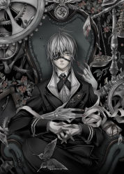 Rule 34 | 1boy, androgynous, armchair, bad id, bad pixiv id, bandages, blood, blood stain, bug, bullet, butterfly, card, chair, cross, eyepatch, gears, gloves, grey eyes, grey hair, insect, iron cross, jewelry, letter, male focus, mayson, nail polish, nazi, original, plant, ring, solo, spider, spine, swastika, uniform, weighing scale