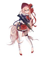 Rule 34 | 1girl, assault rifle, asymmetrical legwear, belt, black gloves, black thighhighs, blonde hair, bonnet, bow, bullpup, carbine, cartridge, closed mouth, cross-laced clothes, cross-laced legwear, dress, eyebrows, finger on trigger, flower, flower ornament, full body, girls&#039; frontline, glasses, gloves, green eyes, gun, hair between eyes, hair bow, half gloves, hat, hat ribbon, head tilt, highres, holding, holding gun, holding weapon, juliet sleeves, l85, l85a1 (girls&#039; frontline), l85a1 (gun), leaning to the side, lips, long hair, long sleeves, looking at viewer, machine gun, mkiiiiii, official art, personification, puffy sleeves, red-framed eyewear, ribbon, rifle, rose, sa80, scope, smile, solo, squad automatic weapon, standing, thighhighs, transparent background, uneven legwear, very long hair, weapon, white thighhighs
