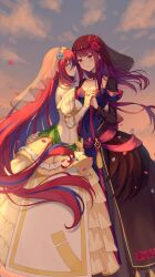 Rule 34 | 2girls, absurdres, alear (female) (fire emblem), alear (fire emblem), blush, breasts, cleavage, dress, eye contact, female focus, fire emblem, fire emblem engage, frilled dress, frills, hair ornament, highres, holding hands, ivy (fire emblem), jewelry, large breasts, long hair, looking at another, matching hair/eyes, medium breasts, multicolored hair, multiple girls, nintendo, outdoors, purple eyes, purple hair, red hair, sky, smile, snowsakurachan, strapless, strapless dress, tears, veil, very long hair, wedding dress, wife and wife, yuri