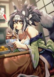 Rule 34 | !, animal ear fluff, animal ears, bare shoulders, black choker, black hair, bowl, breasts, character request, choker, chopsticks, cleavage, commentary request, copyright request, criss-cross halter, food, fox ears, fox tail, grey eyes, halterneck, haori, headband, highres, holding, holding chopsticks, japanese clothes, kionaoki, large breasts, noodles, ponytail, tail, translation request
