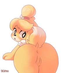 Rule 34 | 1girl, animal crossing, animal ears, anus, ass, black eyes, blonde hair, body fur, bottomless, cleft of venus, furry, furry female, highres, isabelle (animal crossing), marblesoda, nintendo, open mouth, pussy, shirt, simple background, solo, white background, white shirt
