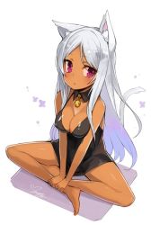 Rule 34 | 1girl, animal ears, bare shoulders, barefoot, bell, black dress, breasts, cat ears, cat tail, cleavage, dark-skinned female, dark skin, detached collar, dress, eyebrows, indian style, long hair, looking away, minoa (lastswallow), original, pink eyes, silver hair, sitting, sleeveless, sleeveless dress, solo, tail, v arms